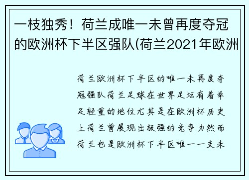 一枝独秀！荷兰成唯一未曾再度夺冠的欧洲杯下半区强队(荷兰2021年欧洲杯)