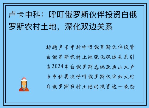 卢卡申科：呼吁俄罗斯伙伴投资白俄罗斯农村土地，深化双边关系