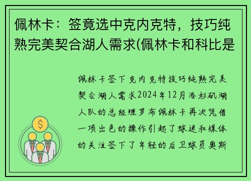 佩林卡：签竟选中克内克特，技巧纯熟完美契合湖人需求(佩林卡和科比是什么关系)